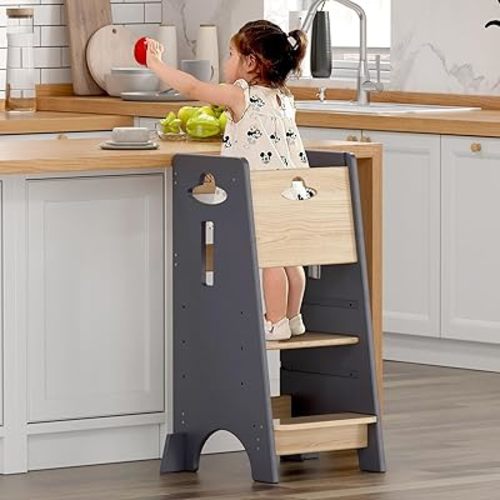 COSYLAND Toddler Standing Tower Adjustable Height - Super Stable Kids Kitchen Stool Helper with Protive Panel - 3 Levels Adjustable Wooden Toddler Kitchen Stool (Natural & Light Gray)