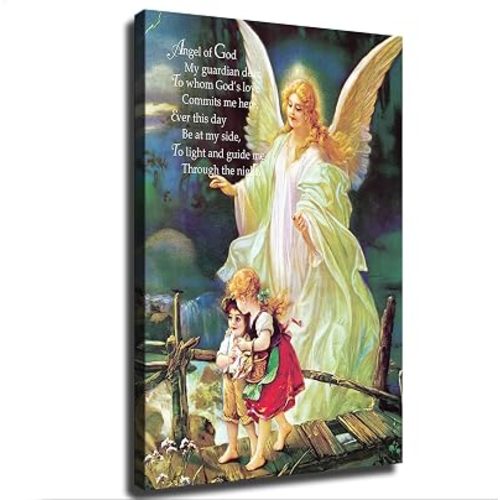 Guardian Angel of God Poem Protecting Children Art Canvas Poster Holiday Gift HD Picture Modern Aesthetics Mural Wall Art Decoration (12×18inch-Framed)