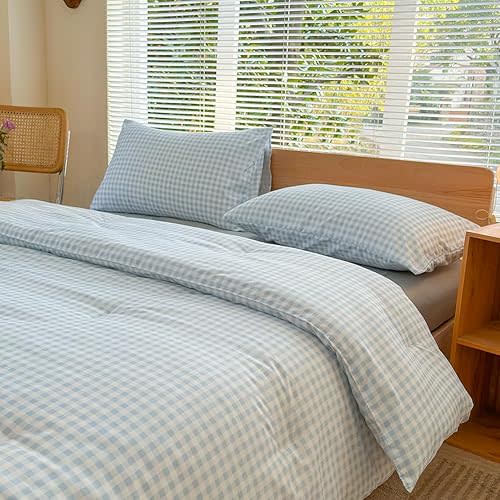 NSNLGSGC Twin Comforter Set, Light Blue Gingham Bedding Sets, Blue Grid Bed Comforter 2 Pieces (1 Comforter, 1 Pillowcase)
