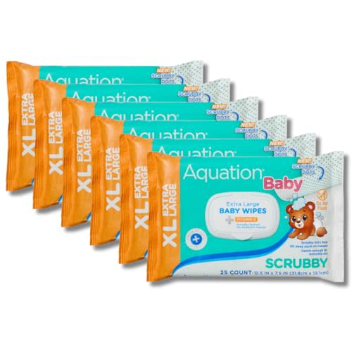 Aquation Baby XL Scrubby Wipes – Extra Large 12.5x7.5” Scrubbing Dot Textured Wipes with Vitamin E – Hypoallergenic, Dermatologist Tested, Gentle Care (25 CT, 6 Pack, 150 Total)