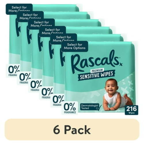 (6 pack) Rascals Premium Sensitive Alcohol Free Baby Wipes, 216 Count (Select for More Options)