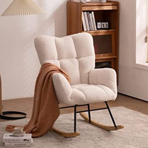 Nursery Rocking Chair, Modern Teddy Fabric Nursing Chair for Mom and Baby, Accent Upholstered Rocker Glider Chair with High Backrest for Nursery Bedroom Living Room (Ivory White)