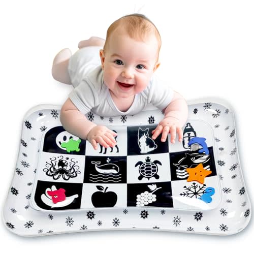 Newborn Infant Tummy Time Water Mat – Black and White High Contrast Play Mat for Baby, Girls or Boys - Promotes Core Strength and Motor Skills, Portable Montessori Toys for Babies 1-9 Months