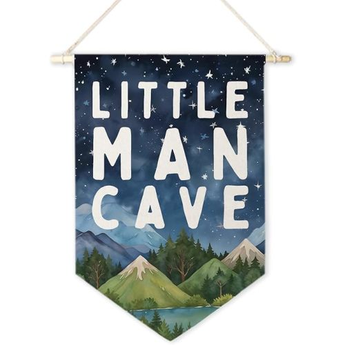 ArtisaEura Little Man Cave Wall Canvas Banners, Mountain Nursery Decor, Woodland Mountain Landscape Hanging Display Pennant Banner Flags, Nursery Wall Decor for Kids Boys Room Bedroom Playroom