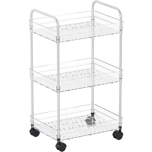 Modern Design 3 Tier Plastic Rolling Carts with Wheels,Clear Rolling Storage Cart on Wheels With Handle for Snack,Book,Rolling Utility Cart Organizer for Bedside,Nursery,Kitchen,Bathroom,Laundry Room