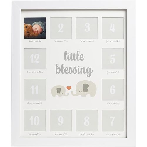 Kate & Milo My First Year Photo Frame, Baby Milestone Picture Frame, Newborn Keepsake, Elephant Nursery Décor, Baby Girl and Baby Boy Gift, Little Blessing, White