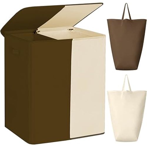WOWLIVE Double Laundry Baseket with Lid and Removable Laundry Bags,154L Large Laundry Hamper 2 Section Collapsible Dirty Clothes Hamper for Laundry Room,College Dorm,Bathroom,Brown and Beige
