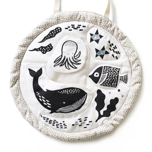Wee Gallery Organic Ocean Activity Pad - High Contrast Tummy Time Play Mat with 6 Interactive Activities - Soft Sensory Toys for Babies - Visual & Motor Skill Development Toy