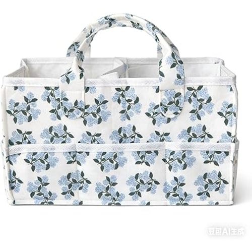 Floral Diaper Caddy Organizer with Removable Dividers Blue Flower Baby Nappy Caddy for Nursery/Car/Changing Table, Decorative Storage for Newborn Essentials Gift for New Mom