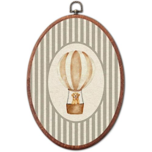 XSTWLJ Vintage Golden Retriever Nursery Oval Wall Art, Grey Striped Hot Air Balloon Canvas Prints Framed, Retro Decor Wall Art Hanging Decor for Kids Toddler Room Playroom Decoration, 8.6x11.4 Inch