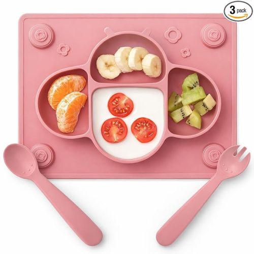 ROCCED Suction Plates for Baby Placemat Spoon Fork Set for Toddlers, Silicone Baby Plates with Suction Baby Dishes for Kids Plates-pale mauve