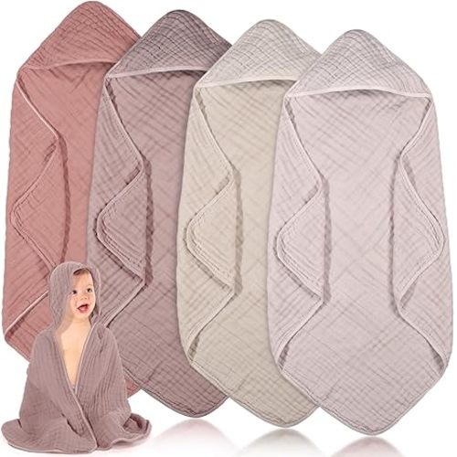Peryiter 4 Pcs Muslin Hooded Baby Towels 32 x 32 Inch Cotton Newborn Bath Essentials Muslin Infant Blankets Absorbent Registry Gifts for Girl Boy Kids Baby Shower (Beige Series)