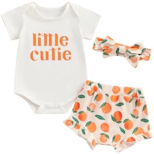Newborn Baby Girl Shorts Set Little Cutie Outfits Strawberry/Orange Short Sleeve Romper Frill Trim Shorts Headband