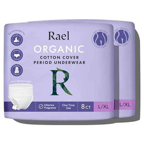 Rael Disposable Underwear for Women, Organic Cotton Cover - Incontinence Pads, Postpartum Essentials, Disposable Underwear, Unscented, Maximum Coverage (Size L-XL, 16 Count)