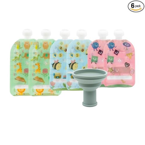 WeeSprout Double Zipper Reusable Food Pouches, Perfect for Babies & Toddlers, Freezer & Dishwasher Safe (Educational, 6 Piece Assortment)