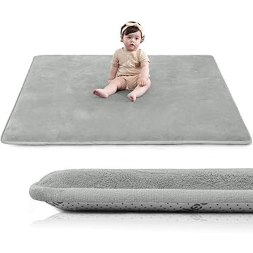 Baby Play Mat for Floor,1.3" Thick Elasti-Foam 50"×50" Playpen Mat for Tummy Time,Water Repellent Soft Coral Velvet for Toddler,Infant,Kids,Non-Slip Backing Safe for Crawling(Light Grey)