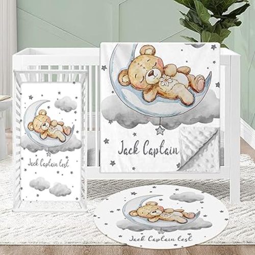 Juego de ropa de cama personalizado para cuna para bebé, juego de ropa de cama suave para bebé, niña, niño, guardería, 3 piezas, juego de cuna de doble capa, juego de cuna de oso gris, regalo