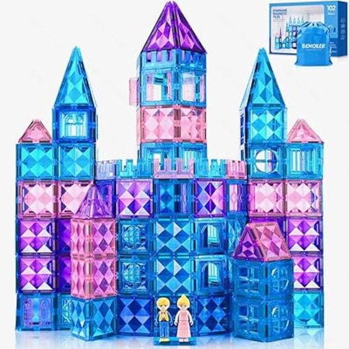 102PCS Ice Castle Magnetic Tiles, 3D Building Blocks STEM Educational Kids Toys for Pretend Play, 3 4 5 6 7 8 Year Old Birthday Gifts for Boys and Girls, Preschool Learning Toys for Birthday
