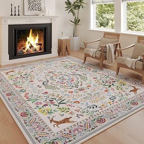 Rugcomf 8x10 Area Rugs for Living Room Washable Rug Floral Non-Slip Large Rug for Living Room, Bedroom, Farmhouse, Dining Room, Kids Playroom(Colorful)