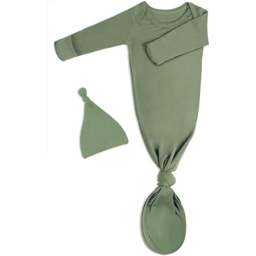 Newborn Baby Knotted Gown, Super Soft Silky Infant Long Sleeve Sleeper for Baby Girl and Boy Sleeping Bag with Hat - Army Green - 0-3 Months