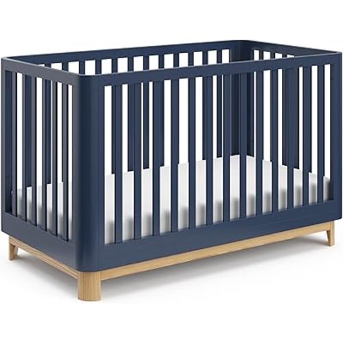 Storkcraft Santos 3-in-1 Convertible Crib (Midnight Blue with Natural) – GREENGUARD Gold Certified, Fits Standard Crib Mattress, Converts to Toddler Bed, Modern Style, Rounded Designer Details
