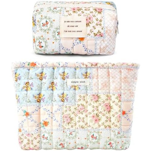 2 Pieces Floral Makeup Bag, Cute Travel Quilted Pouch Cosmetic Bag Organizer, Small Cotton Coquette Aesthetic Purse Toiletry Bag for Women Girls accessories (Blue Flower-2PCS)