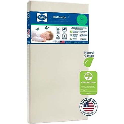 Sealy Baby Butterfly Breathable Waterproof Crib Mattress plus Toddler Bed Fit, Premium Foam, Washable Easy to Clean Cover, GREENGUARD Gold Certified, Safety & Quality Tested, Made in USA, 52"X28"