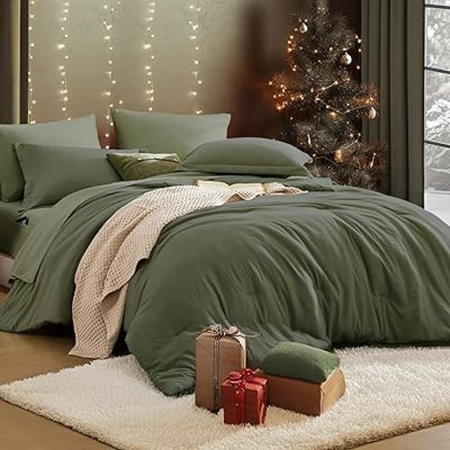 WRENSONGE Olive Green Full Size Comforter, 7 Pieces Soft Dark Green Full Size Comforter Sets- Full Comforter Fitted Sheet, Flat Sheet, 2 Pillow Shams, 2 Pillowcases, Warm Bedding Sets Full All Season