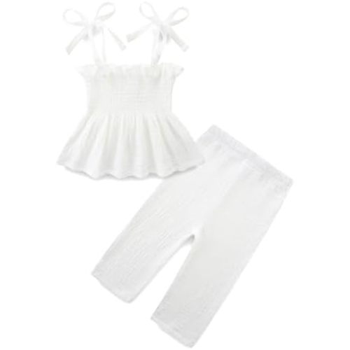 Toddler Girls Summer Outfits Clothes Sleeveless Pant Set Solid Color 100% Cotton Strap Ruffle Baby Clothes 6M~5T