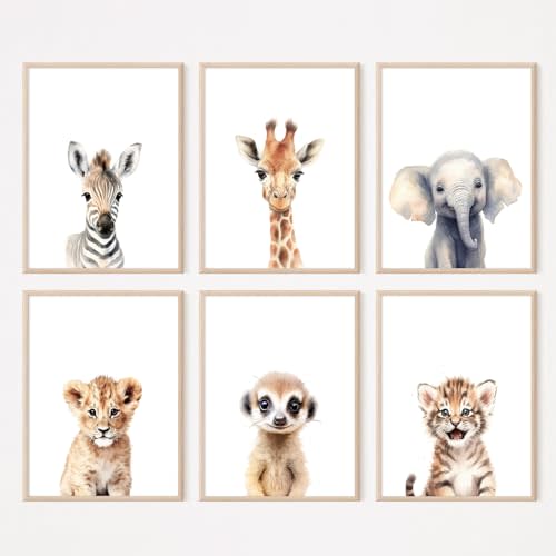 Safari Nursery Wall Art Decor Set of 6 Baby Animal Wall Art Kids Canvas Wall Art Safari Nursery Pictures Jungle Animal Prints Baby Boy Art Giraffe Painting for Room Bedroom 8x10 Inch Unframed