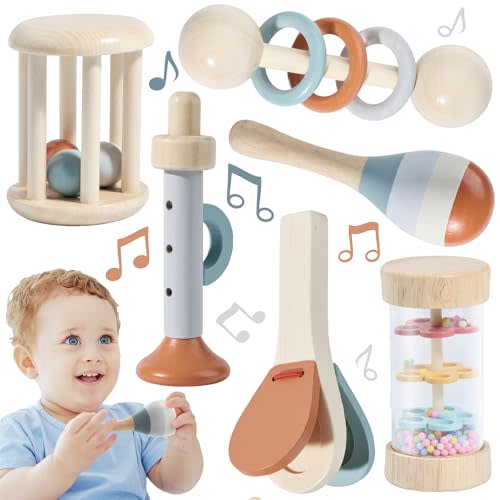 Montessori Mama Baby Rattle and Musical Set, 6 Piece Wooden Infant Toy