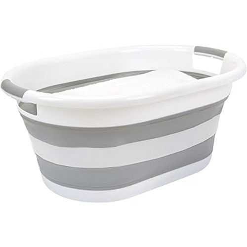 Simplify Collapsible Laundry Basket | Portable | Space Saver Storage | Hold 2 Loads | Store Under the Bed or Closet | Good for Kids | Dorm | Bedroom | Large | White/Grey