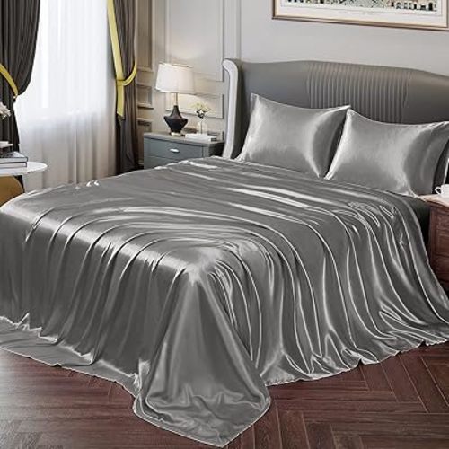 Vonty Satin Sheets Twin Silky Soft Satin Bed Sheets Misty Gray Sheet Set, 1 Deep Pocket Fitted Sheet + 1 Flat Sheet + 1 Pillowcases