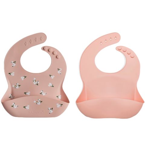 Loulou Lollipop 2 pack Silicone Bib set - White Flower/Pink Quartz, waterproof 2 pk for baby, infant, toddler