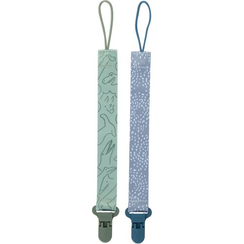 Nuby Pacifinder Baby Pacifier Clip - (2-Pack) - Pacifier Holder Clip with Convenient Hook Loop - Blue Dots and Green Dino