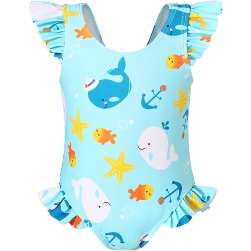YOUNGER TREE Toddler Baby Girls Swimsuit Infant One Piece Bathing Suits Cute Dinosaur Beach Wear Sunsuit Ruffle Swimwear - 12-18 Months - Whale+blue
