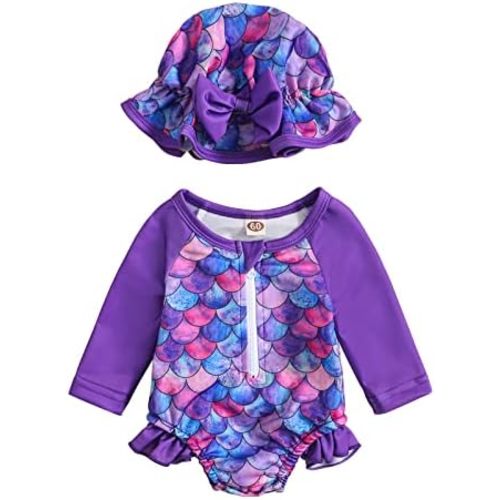 Baby Girls Swimsuit Long Sleeve Zipper Bathing Suit One Piece Swimwear with Hat