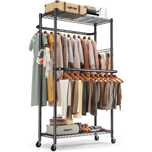 HOKEEPER Clothes Rack Heavy Duty Clothing Rack for Hanging Clothes Adjustable Coat Rack with Wheels & Hooks Freestanding Wire Garment Rack Portable Closet Wardrobe 400 LBS 74.8''H Closet Organizers