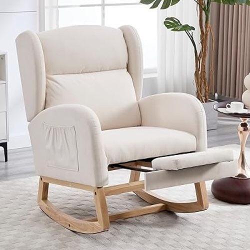 NIOIIKIT Oversized Nursery Rocking Chair with Footrest, Linen Upholstered Glider Chair, Rocker Nursery Sofa with Side Pocket, Glider Rocker, Accent Reading Recliner for Living Room (Beige Linen)