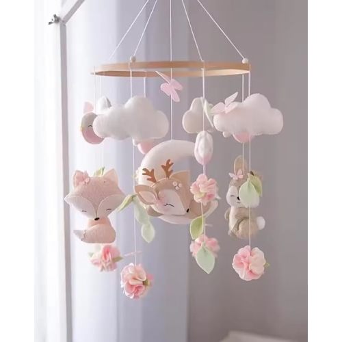 Woodland Nursery Mobile, Pink and White Felt Deer Baby Mobile with Flowers and Clouds, Handmade Crib Mobile for Girls