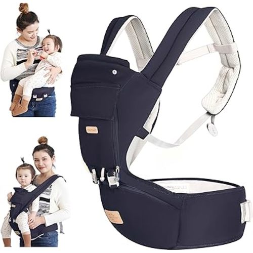 FRUITEAM Baby Carrier with Hip Seat, 6-in-1 Baby Carrier with Waist Stool, Adjustable Baby Carrier for Breastfeeding, One Size Fits All - Adapt to Newborn, Infant & Toddler (Navy)