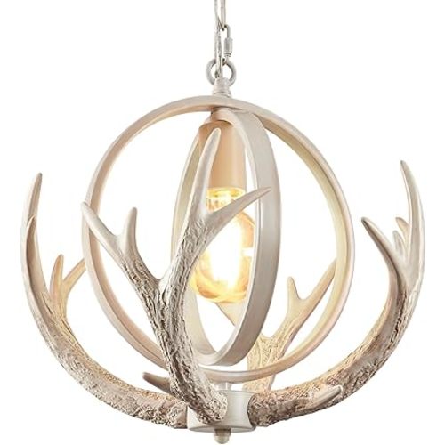 Rustic Farmhouse Chandelier with Resin 4 Antlers and Retro Metal Globe Chandelier Vintage Style for Dining Room, Kitchen, Hallway (1 Light White)