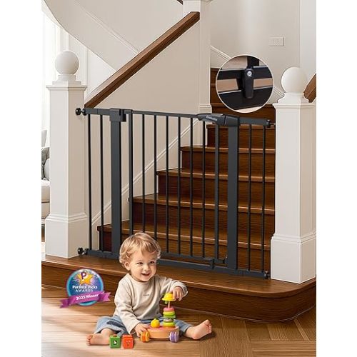 Babelio 29-43" Magnetic Baby Gate for Stairs,Doorways House,Kitchen,30" Tall Pet Barrier with Baffles,Pressure Mounted & Dual-Lock Design Safety for Kids Toddler,Auto-Close/Hold-Open,Black