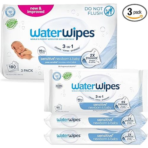 WaterWipes Sensitive+ Newborn & Baby Wipes, 3-In-1 Cleans, Cares, Protects, 99.9% Water, Unscented & Hypoallergenic, 180 Count (3 Packs)