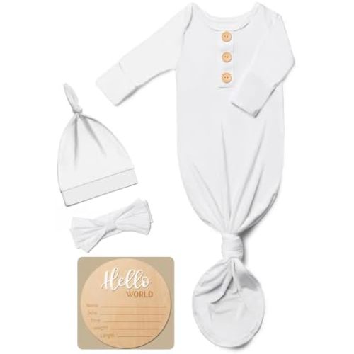 Soft Baby Knot Gown 0-3 Months, Newborn Announcement Sleepers With Mitten Cuffs and Personalized Wooden Name Tag