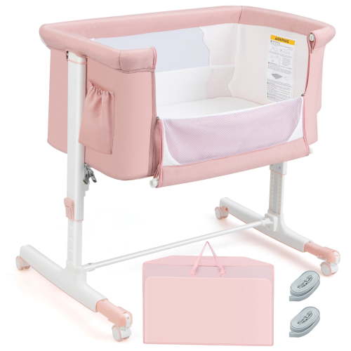 Costway, Baby Bassinet Beside Sleeper Crib, 3-in-1 Pink Linen Fabric