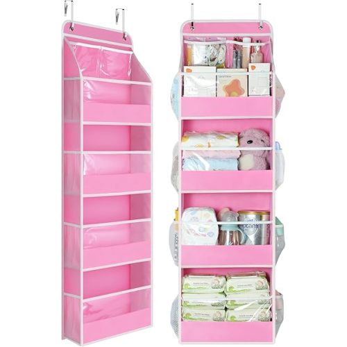 Yecaye 5 Tier Over the Door Organizer, Swing-proof Door Organizer Hanging with Clear PVC Windows, Behind the Door Storage for Bedroom Nursery Closet Laundry Pantry Bathroom, Bubblegum Pink