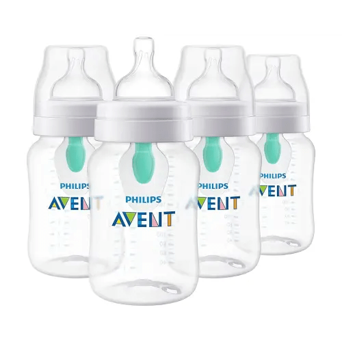 Philips Avent Anti-Colic Baby Bottle with AirFree Vent, 9oz, with Flow 2 Nipples, 1m+, 4pk, Clear, SCY703/04
