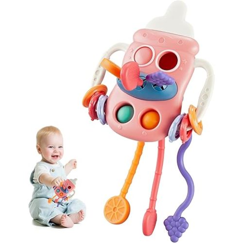 Montessori Toys for 1 Year Old, Sensory Toys for Toddlers 1-3, Food Grade Silicone Pull String Activity Toy, Travel Toys for Babies Boys Girls 1 2 3 Year Old (Pink)