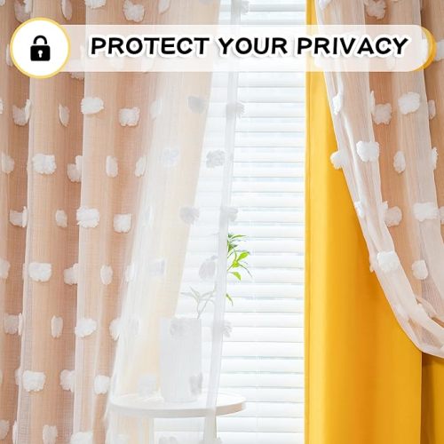 MYSKY HOME Yellow Curtains for Living Room Nursery Curtains 84 Inch Long Double Layer Curtains for Kids Room White Pom Pom Sheer Blackout Grommet Room Darkening Window Curtains 2 Panels Set 52" x 84"
